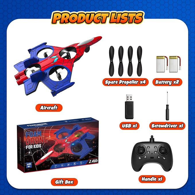 Spider Mini Drone Foam Remote Control Airplane for Kids 2.4GHz RC Jet with LED Lights 360° Stunt Flips and Rolls Easy to Fly Toy Plane Gift for 8 9 10 12+ Year Old Boys Girls