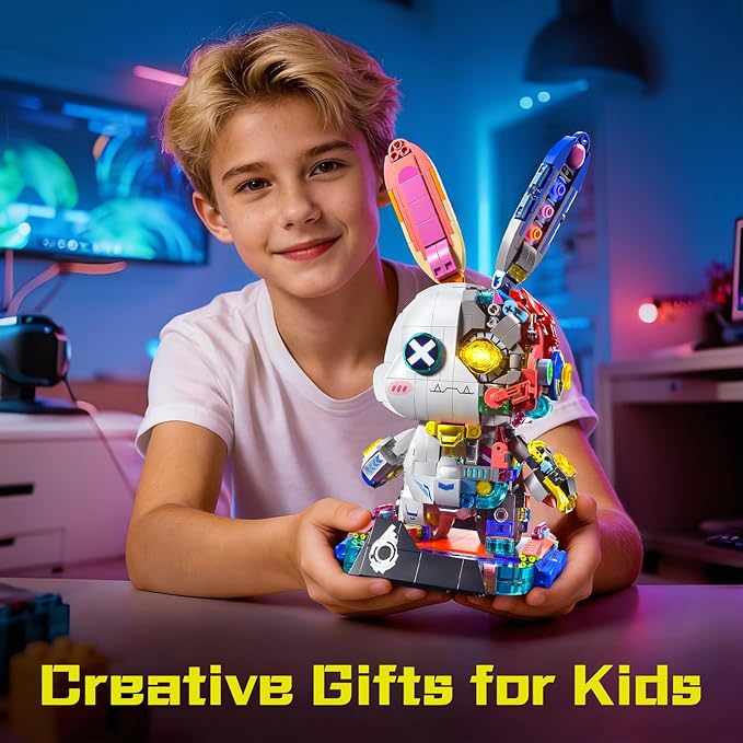 Mechanical Bunny Building Set 1377PCS Cyberpunk Technic Animal Collection Model Kit Creative Rabbit Animal Building Block Toys with Lights&ampDisplay Stand Easter Decor Gift for Boys Girls Adults Te