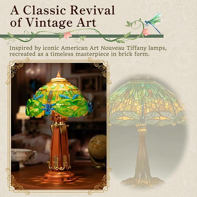 PANTASY Vintage Style Table Lamp Bricks Set Stained Glass Lamp Building Block Set Dragonfly Floral Table Lamp Retro Art Desk Night Light with LED USB-C Powered for Adult Home Decor Collection Gift