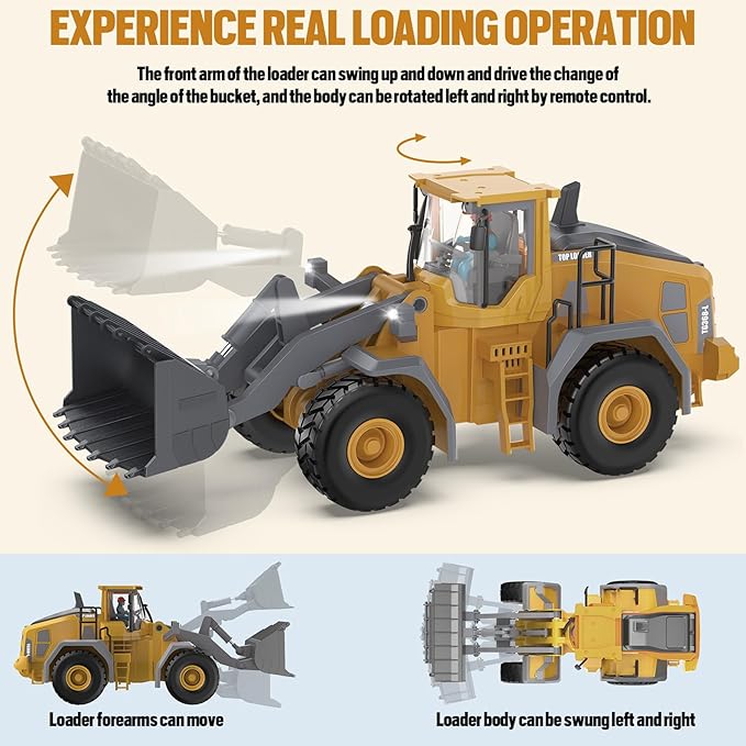 Metal RC Wheel Loader Toy | 9-Channel Remote Control Construction Truck with Realistic Lights &amp Sounds 1:20 Scale Rechargeable Vehicle for Boys Ages 3-12 STEM Engineering Gift for Kids 2025
