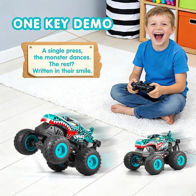 DYODYORC Remote Control Car 2.4Ghz All Terrain Dinosaur Monster Truck Toys RC Truck with Music 3 Lighting Effects 360 Stunt Capable 2 Batteries Ready to Run Toy Gifts for Boys and Girls (Cyan)