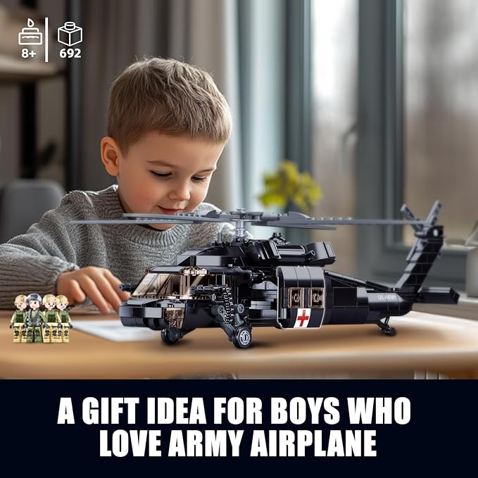 UH-60 Black Utility Helicopter Building Set for Adults Compatible with Lego Military Army Airplane Hawk Plane Model Kit with 4 Soldier Figures Birthday Gift Toys for 8-14 Boys Kids (692 PCS)