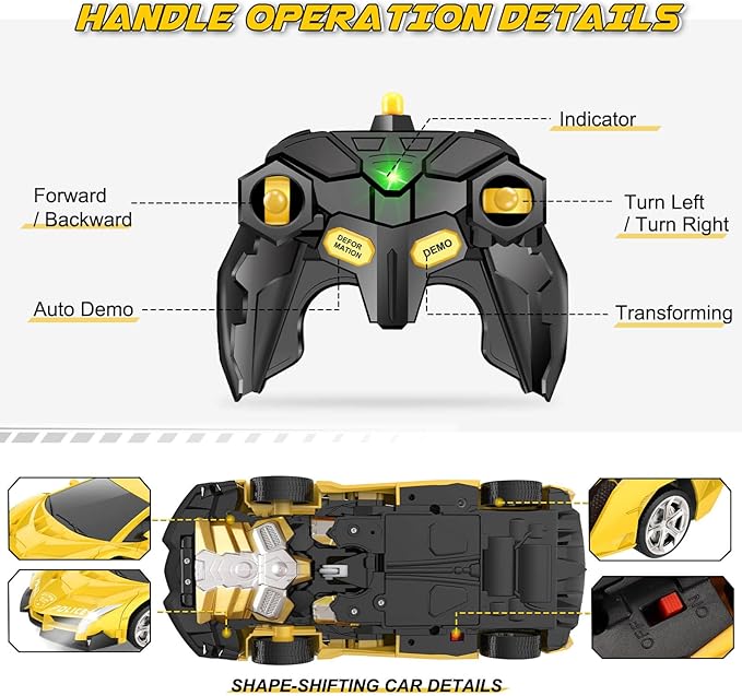 Transform Remote Control Car - Rc Cars One-Button Transforming 360° Rotation Drifting 2.4ghz 1:18 Scale Gift Kids Aged 4-6 Year Old Boys/Girls Police Car Yellow