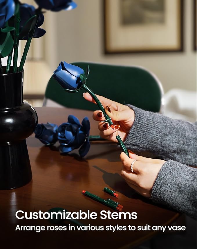 iATOM Blue Rose Bouquet Building Set 12Pcs Flowers Botanical Collection for Adults Valentine's Day Gift for Her/Girlfriend/Mom/Wife/Couple Vintage Home Office Table Centerpiece Decor Aesthetic