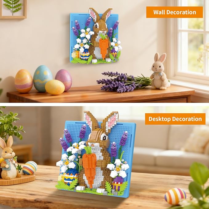 Easter Bunny 3D Wall Art Micro Mini Building Blocks Set Cute Animal Rabbit Decor with Easter Eggs &amp Flowers No Compatible with Lego Gift Idea for Adults STEM Toy for Boys Girls 14+ (1436 PCS)