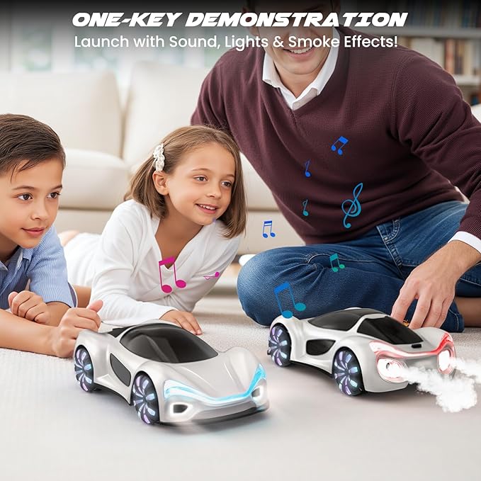 SIMREX Gesture Sensing Remote Control Car with Charging Dock - 360° Rotate Drift RC Stunt Car Toy 40 Min Playtime Dual Control Spray Mist &amp LED Lights Birthday Gift for Kids Boys Girls（White）