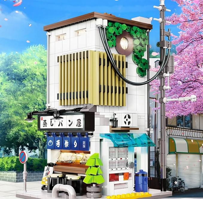 General Jim's Japanese Steamed Bun House Building Set - 1108 Pieces 2-Story Modular Design USB Lighting Outdoor Seating &amp Display - Compatible with Major Brick Building Brands