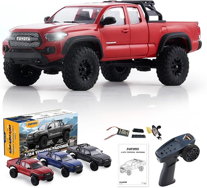 BEEZRC FMS 1/24 RC Crawler FCX24M Tacoma Toyota Official Licensed ABS Hard Body 4WD Off-Road RC Rock Truck2-Speed Transmission Hobby Grade Remote Control Car for Adults RTR red