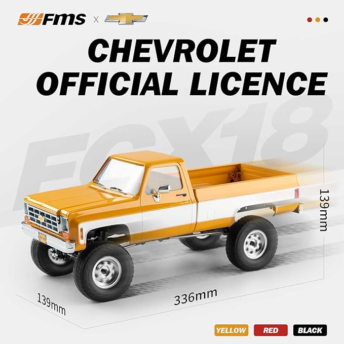 BEEZRC FMS 1/18 RC Crawler FCX18 Chevy K10 RC Truck RTR RC Car Official Licensed Model car 8km/h 4WD 900mAh Hobby RC Cars Remote Control Car with LED Lights Vehicle 4-Ch 2.4GHz Transmitter(Yellow)