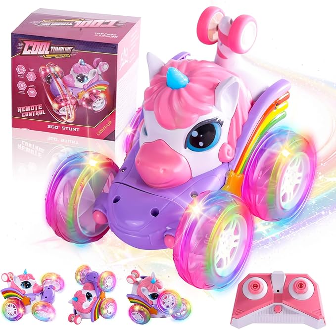 Remote Control Car Unicorn for Girls 360° Rotating 4WD Stunt RC Cars with Cute Cool LED Lights 2.4GHz Toy Car USB Direct Charging RC Cars Birthday Gifts for Kids Girl Age 3-6 7-9 (LY-018)