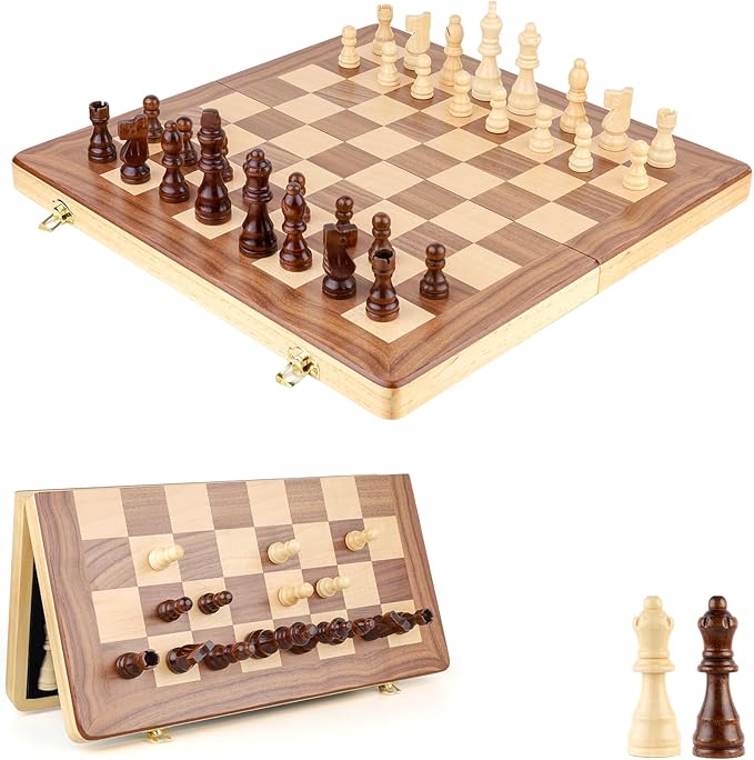 15 Inch Magnetic Wooden Chess Game Set Classic Folding Board Games with Felted Game Board Interior for Storage 2 Extra Queens Pieces Storage Slots