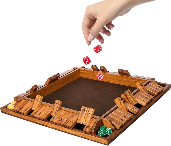 Upgraded 16.54’’ Shut The Box Dice Game with 15 Numbers for 1-4 Players Large Wooden Board Math Game 16 Dices Tabletop Games Kids Adults Family Party Birthday