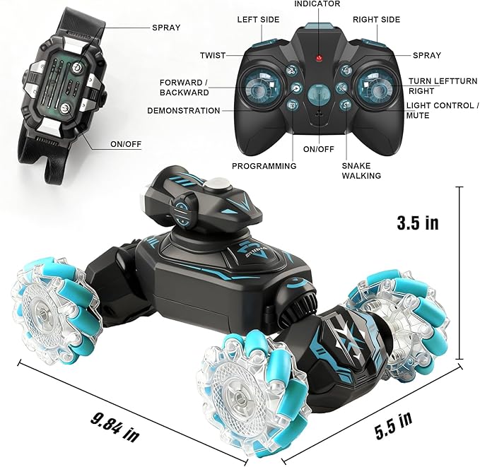 Gesture Sensing Remote Control Car RC Cars Toys for Boys Age 6-12 4WD Hand Controlled Twist &amp Transform 360° Spins Stunt Car with Mist Light &amp Music 8-10 Year Old Boys Birthday Gift Blue