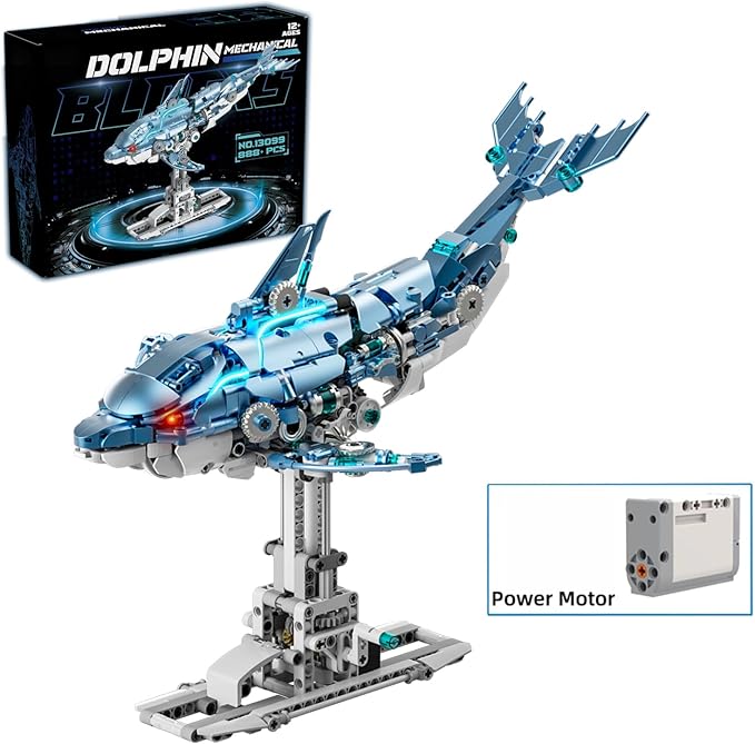 Mechanical Blue Dolphin Building Blocks Linkage Kit Sea Animal Model with Lighting Display Stand STEM Power Toy DIY Desktop Ornament for Kids &amp Adults Ages 12+ Birthday Gift Idea 888pcs