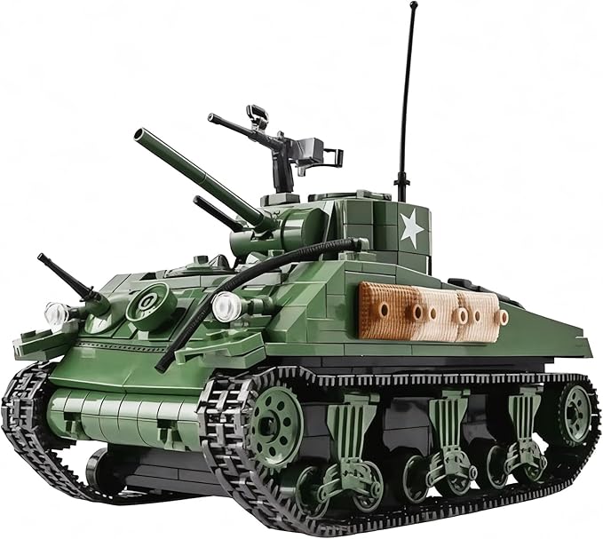 General Jim's WWII M4A1 Sherman Tank Brick Building Blocks Set 726 Pieces 1:29 Scale Rotating Turret Moving Tracks Compatible with Major Brands GJ-USSH