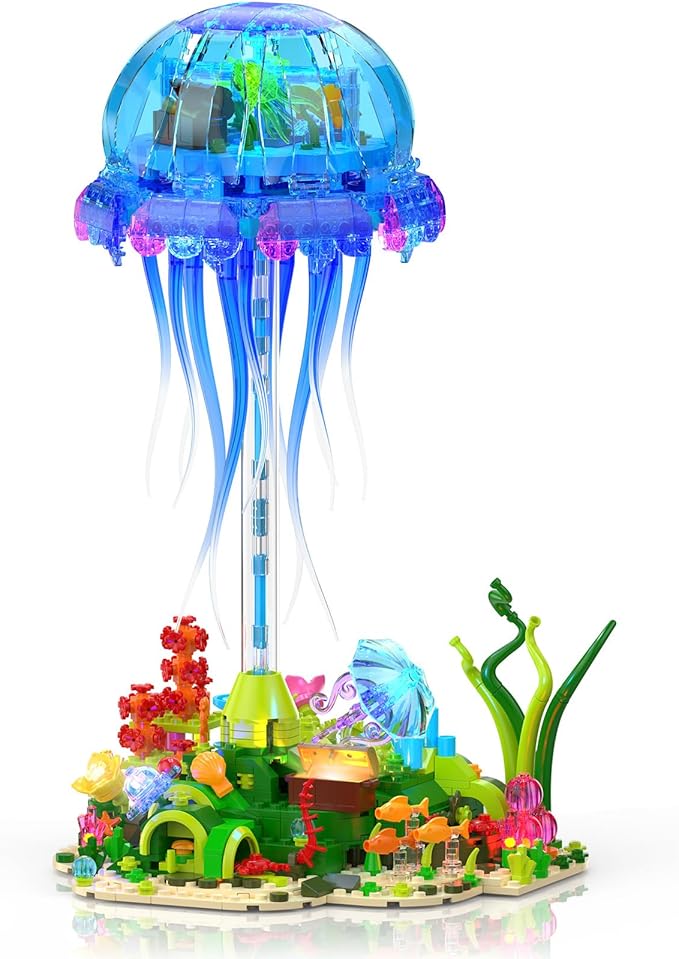 Jellyfish Building Set with LED Lights Floating Jellyfish Lamp for Home Decor Ocean Animal Collection Model with Coral &amp Seaweed Creative Display Gift for Adults Teens 14+