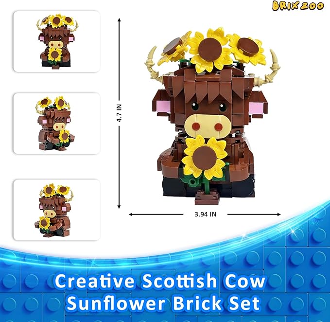 Highland Cow Building Blocks Set Collectible Animal Building Toy Creative Scottish Cow Sunflower Brick Set for Adults &amp Kids (Age 3+) DIY Home Office Decor STEM Education-Gift Ideas