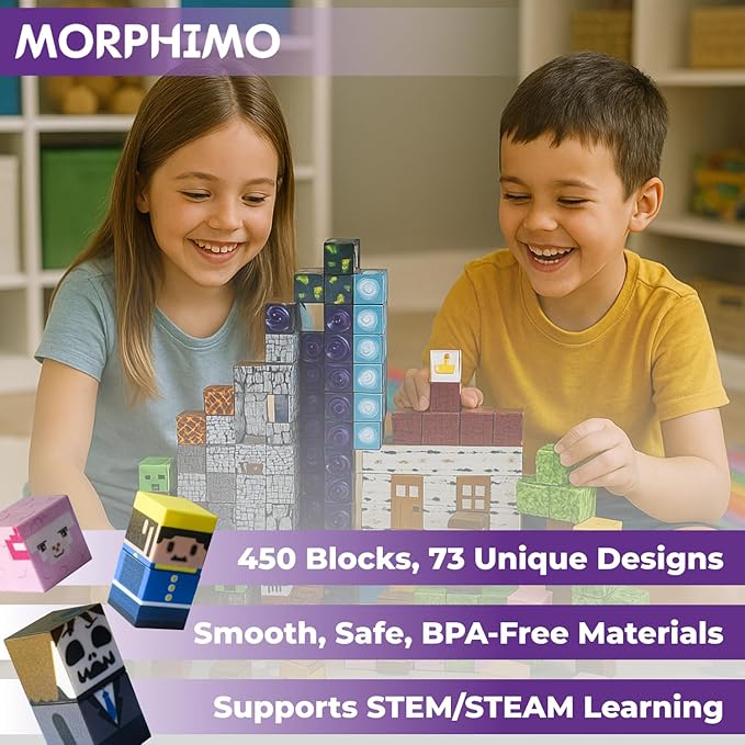 450 PCS Magnetic Building Blocks Set - Big STEM &amp Sensory Toy for Kids - Stacking Magnets - Instruction Book &amp Fabric Storage Bag - Shared Play Toy for Siblings &amp Friends