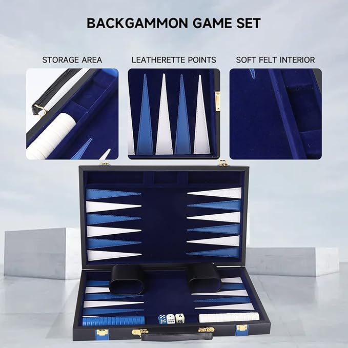 GSE Games &amp Sports Expert Premium Leather Backgammon Board Game Set Classic Backgammon Game Set with Leather Case Travel Folding Board Game (Black&ampBlue Medium)