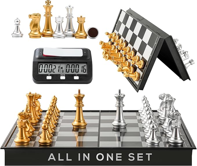 Magnetic Chess Game &amp Digital Clock Timer Set - Professional and Portable 14 x 14 Travel Chess Board Games