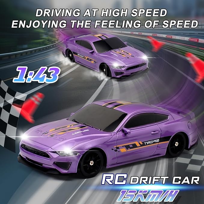 1:43 Scale Mini Racing Drift Car Model2.4GHz Remote Control Car 4WD High Speed Race with LightsRacing TiresRC Toys Hobbyist Gift for Adults Kids Boys Girls (Purple)