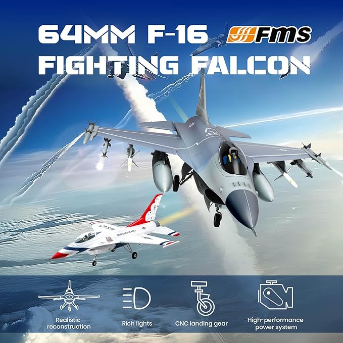 Fms Rc Planes for Adults EDF Jet Remote Control Airplane Fighting Falcon 64mm F16 Battlefield Gray 6 Channel Hobby Rc Airplanes PNP (No Radio Battery Charger)