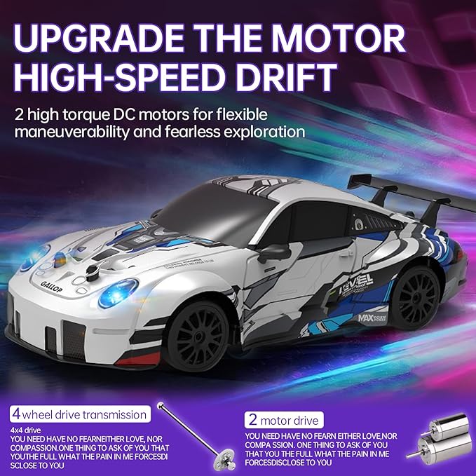 1:24 Scale RC Drift Race Car – 20km/h 4WD High Speed Dual Batteries 50+ Min Play 2.4GHz Remote – Multi-Surface Drift Tires + LED Lights Gift for Adults Boys and Girls
