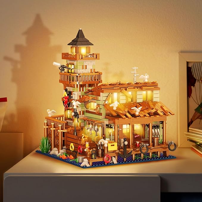 1881PCS Fishing Village Wood Cabin mini Building Blocks Toys with Led LightingCreative Ideals Fishing House Building Sets Best Choice for 6+ Boys Girls or Adults(Not Compatible with Lego)