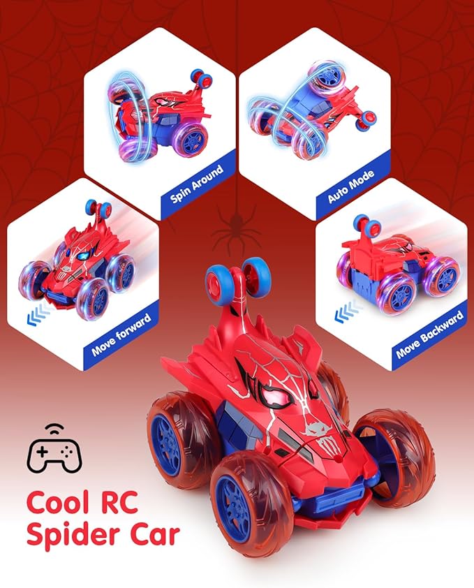 Spider RC Car for Kids – 4WD Remote Control Stunt Car with 360° Flip Fast Monster Crawler Toy with Light-Up Wheels – Rechargeable RC Vehicle Gift for Boys Ages 3-12