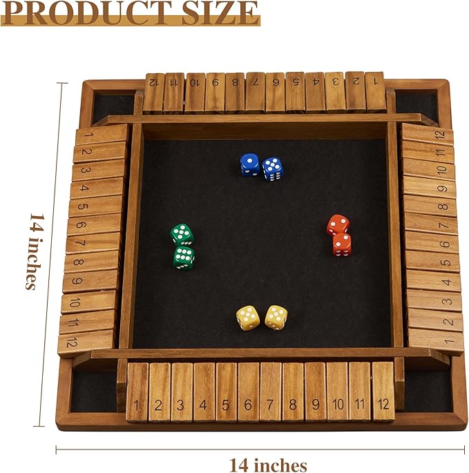14 inches 1-4 Players Shut The Box Dice Game Upgraded 12 Numbers Wooden Board Table Math Game with 12 Dice Close The Box for Adult Kids Family Classroom Home or Bar