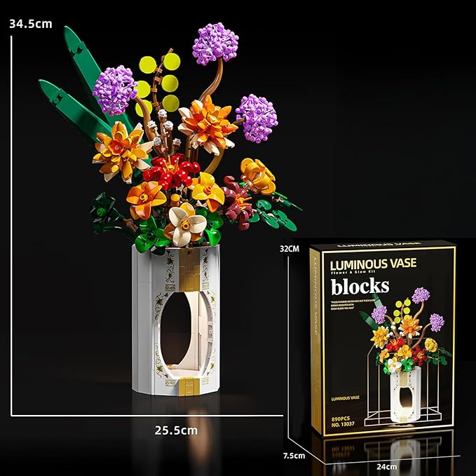 FANTASY&ampCo. Elegant Floral Display Building Kit with Vase | DIY Flower Bouquet Blocks for Adults &amp Teens | Unique Home Decor Centerpiece | Perfect Festival Gift for Family (890+ Pcs)