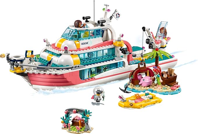 LEGO Friends Rescue Mission Boat 41381 Toy Boat Building Kit with Mini Dolls and Toy Sea Creatures Rescue Playset Includes Narwhal Figure Treasure Box and More for Creative Play (908 Pieces)