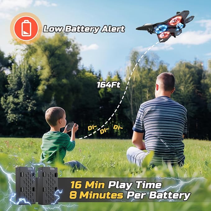 Foam RC Plane Drone for Kids Remote Control Airplane Fighter Jet with LED Light Auto Hover 360°Flip 2 Batteries (16 Mins Flight) Easy to Fly for Beginners