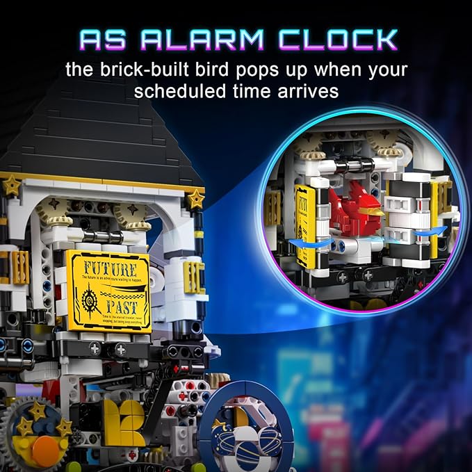 Mould King Cyberpunk Clock Building Set 3181+ Pcs Building Blocks Kits That Run with Chiming Bird &amp 4 Dials Electric Alarm Clock Model Kit with Motor Collectible Building Toys for Adults and Te