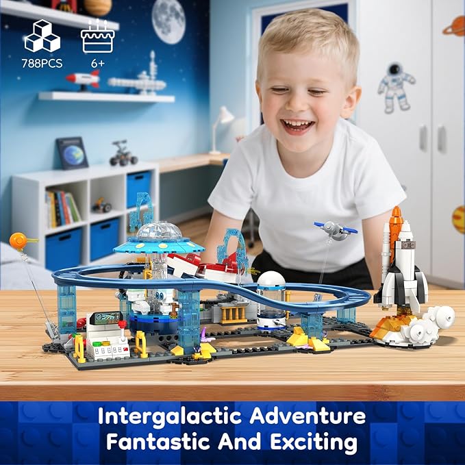 Utbttor 2 in 1 Space Roller Coaster Building Set with Rockets UFO Satellites Space Capsules Buildable City Park Friends Building Block Toys STEM Gift for Birthday Party Boys Girls Child 6+