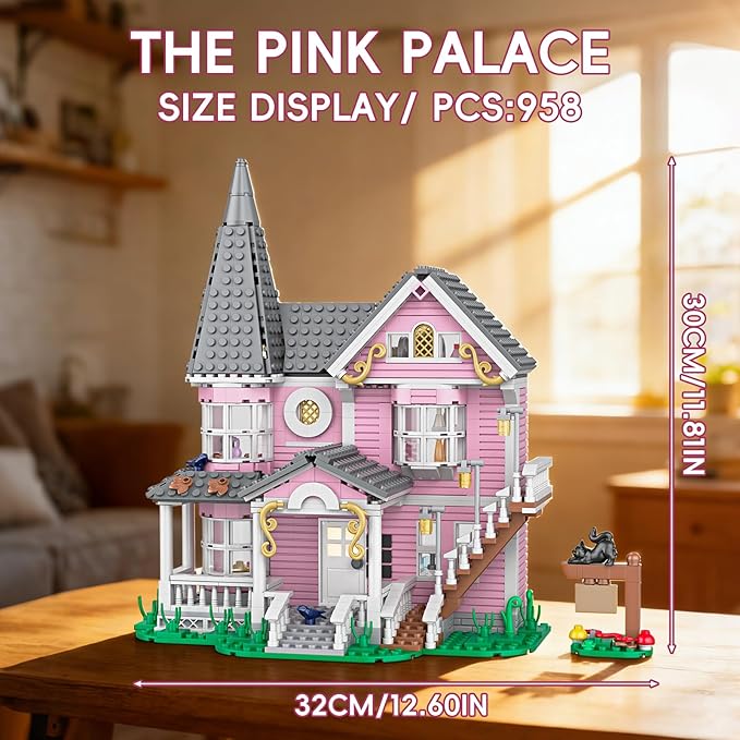 Pink Palace Apartment Building Set Halloween Haunted House Blocks Detailed Castle House Model with Classic European Style Detailed Interior