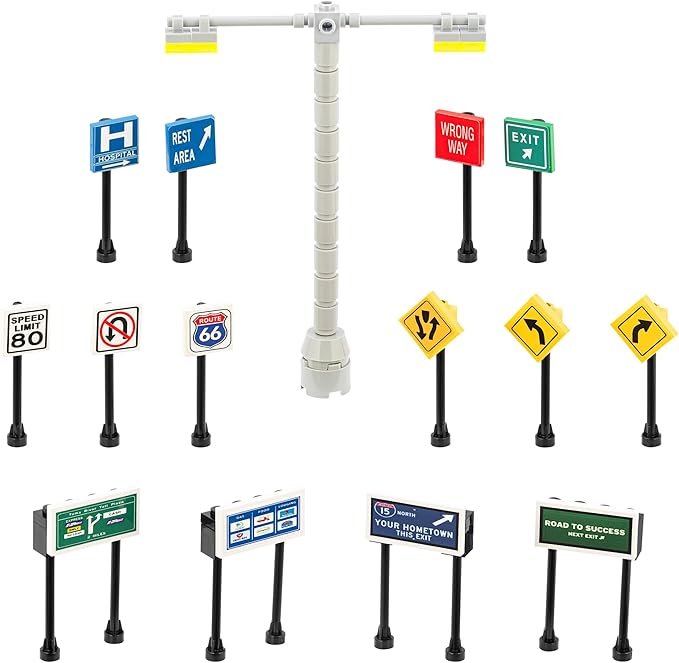 Building Toys 2 Lane Main Road Traffic Light City Town Village Street Stop Sign Bus Stop Post Box Compatible with All Major Brick Brands Educational Toy Ages 4+ 1:64 (Highway Signs)