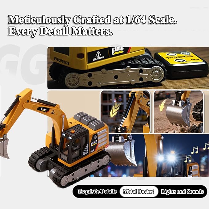 RC Excavator 1/64 Scale Metal RC Truck 2.4GHz Construction Vehicle with Sounds &amp Light Dual Speed APP Control Hobby Toy for Adults and Kids