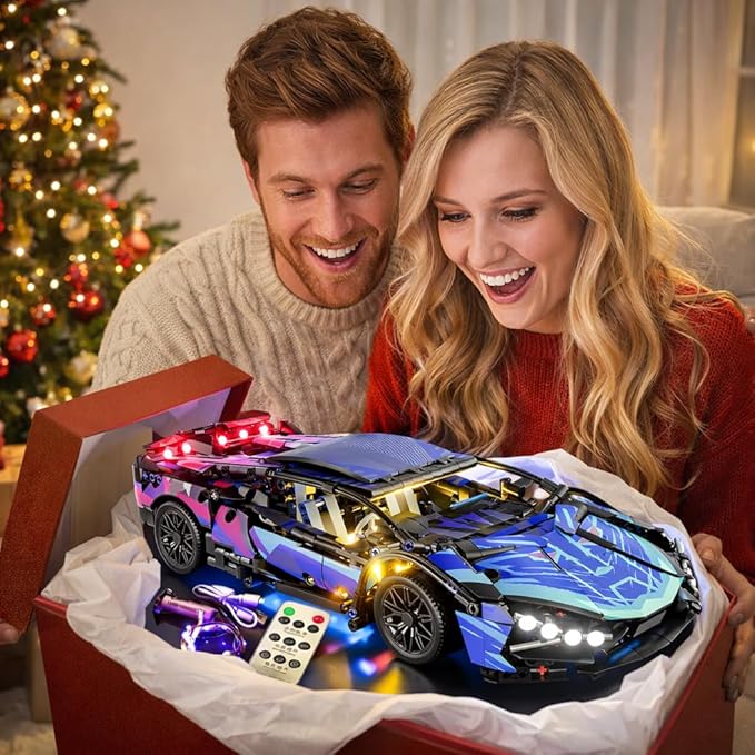Sport Race Car Building Block Sets for Adults BoysRacing Supercar Toys Kits with LED Lights Collectible 1:14 MOC Model Construction Birthday Gifts for Teens Age 8-12 12-1614 14+(1314 PCS)