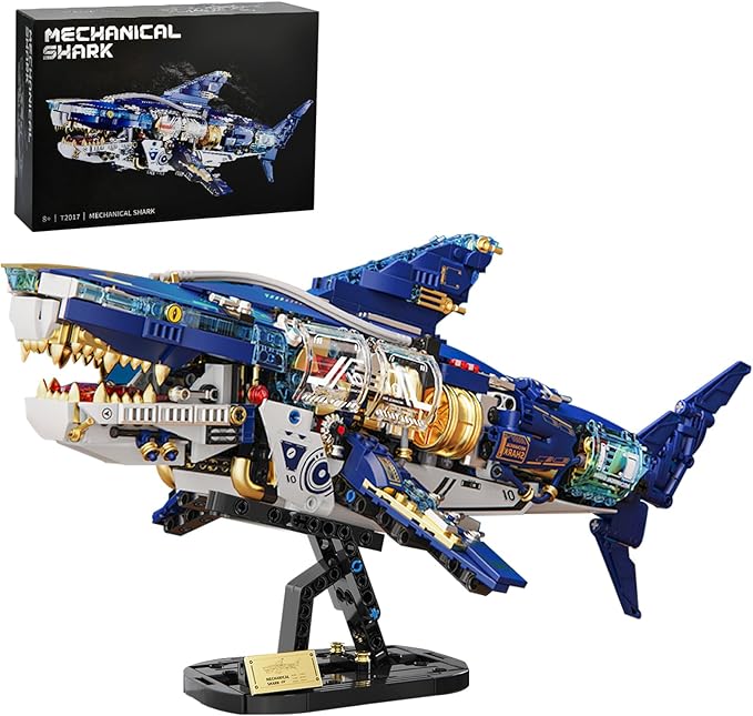 BNG Mechanical Shark Building Sets for AdultOcean Animal Building Block with Display Stand and Light Sea Fish Collection STEM ToyHome Office Decor and Idea Gift for Teen Boys 8-14 (1277PCS)