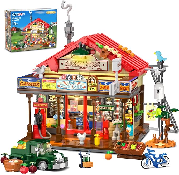 Country General Store Building Set for Adults with Lights 1709 PCS Vintage Shop House Construction Building Block Kit Home Decor Cabin Architecture Model for Women Men Teens Boys Girls 12+