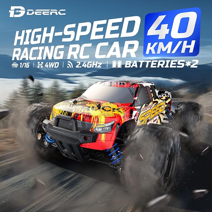 DEERC RC Cars High Speed Remote Control Car for Adults Kids 30+MPH 1:16 Scales 4WD Off Road RC Monster TruckFast 2.4GHz All Terrains Toy Trucks Gifts for Boys2 Batteries for 40Min Play