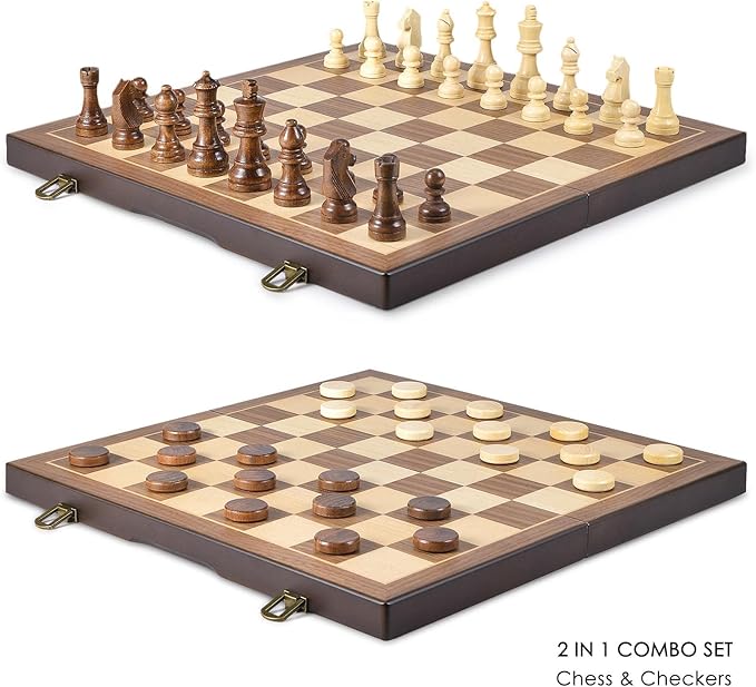 AMEROUS Magnetic Wooden Chess and Checkers Game Set 15 Inches (2 in 1) Chess Board Games 2 Extra Queens - Gift Package - Game Pieces Storage Slots Beginner Chess Set for Kids Adults