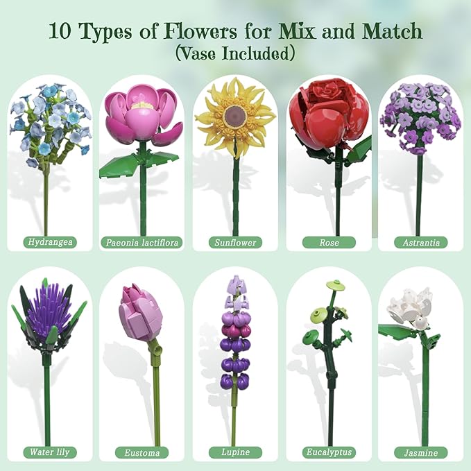 Flower Bouquet Building Toys for KidsBotanical Collection with 10 Unique Blooms DIY Artificial Flowers Building Blocks SetGifts for Valentine's DayHome &amp Office DécorAges 6+