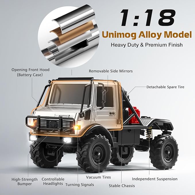 1/18 RC Semi-Truck for Adults MN-333 Unimog Off-Road RC Rock Crawler 4WD RC Truck RTR Transport Car Alloy Model for Hobby Toy Gifts (Green)