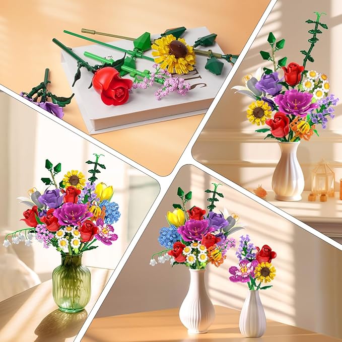 Flower Bouquet Building Set Easter 18 Flowers Rose Building Block Botanical Collection Building Block Toy Plant Home Decor 1015 PCS Gift for Her Adults Women Kids Boys Girls 12+