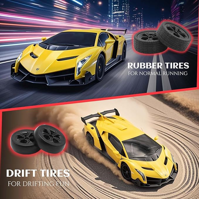 QUN XING Remote Control Car 1:24 Officially Licensed Lambo veneno RC Drift Car with LED Lights 2.4GHz 4WD 15KM/H Fast Speed Control Rechargeable Battery 800mah Birthday for Kids Boys 8-12Yellow