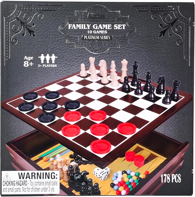 Elbow Room Games Family Game Set 10 Classic Games with Wooden Storage Box and Built-in Game Boards Endless Fun for Game Nights Gatherings &amp Travel 2+ Players