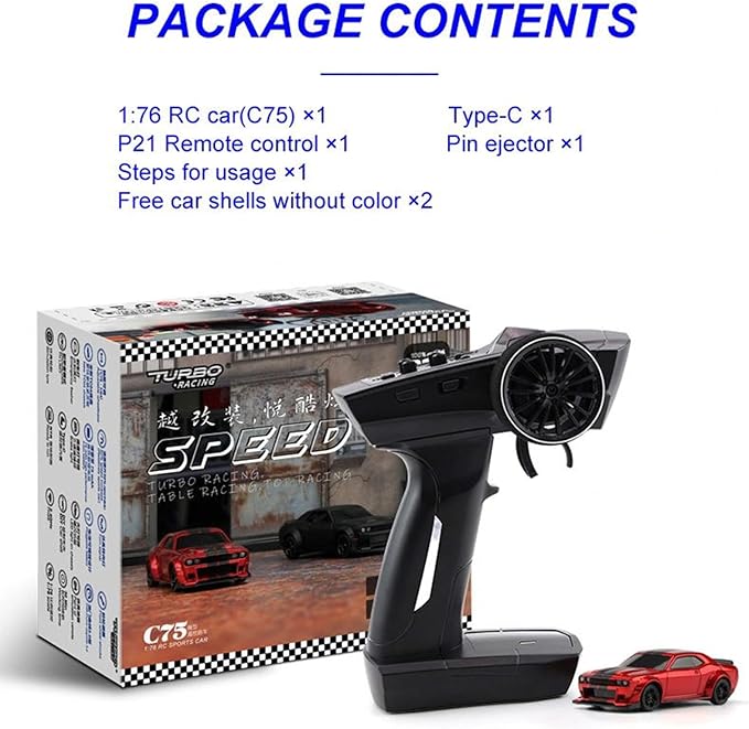 Turbo Racing 1:76 Scale RC Sport Car Table Racing 2.4GHZ Remote Control Mini Model Car with Full Proportional RTR for Adults Toys (C75-Black)