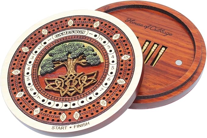 House of Cribbage - 2 Track 60 Points - Tree of Life Inlaid Wooden Travel/Pocket Size Cribbage Board - Size 4 Inch (Maple Wood/Blood Wood)